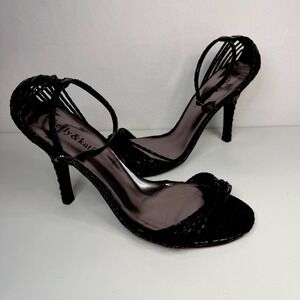 Kelly & Katie brand black strappy high-heeled sandals with a‎ textured finish. 8